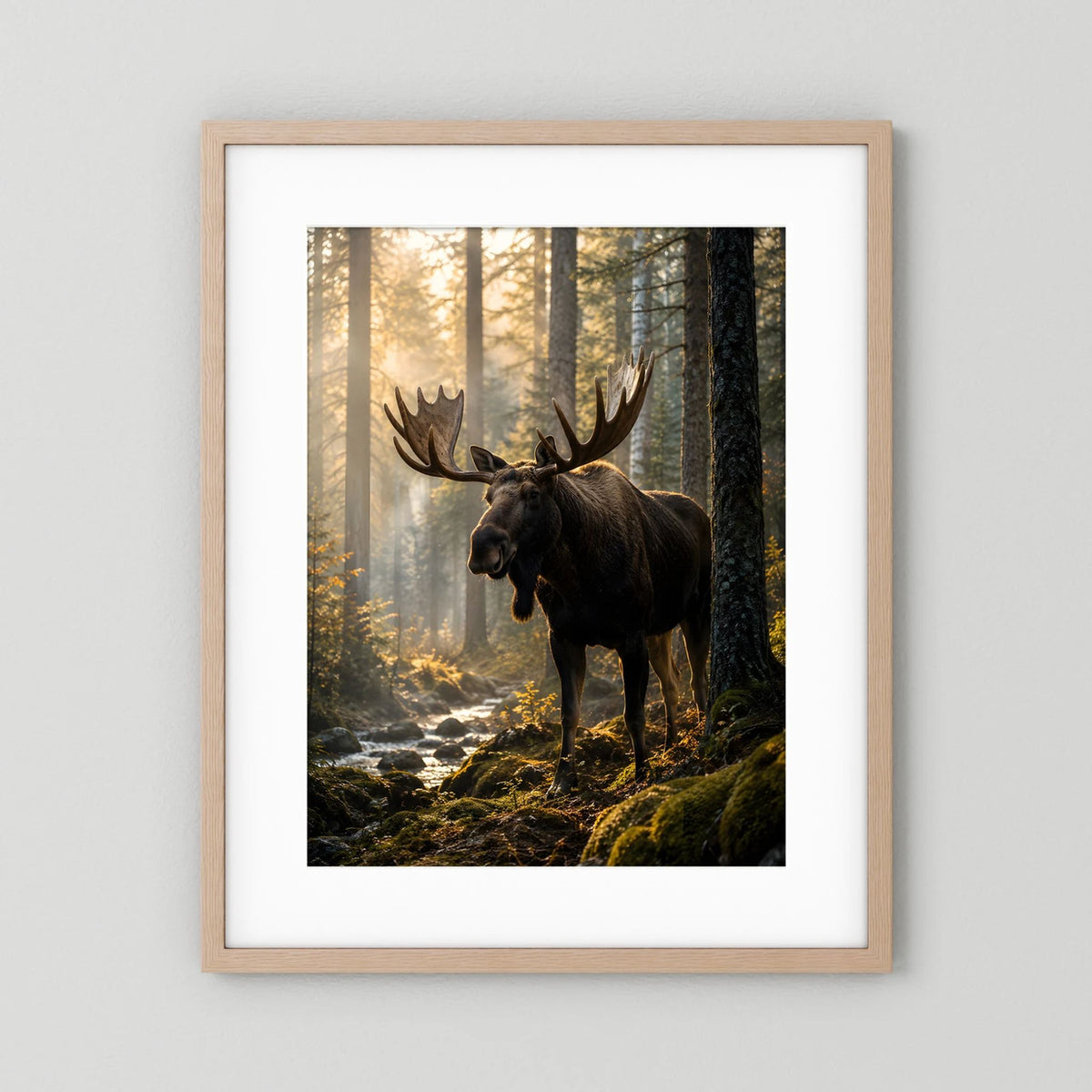 Elch-Naturposter im Wald mit Geweih-Elch, hellbrauner Holzrahmen mit weißem Rand