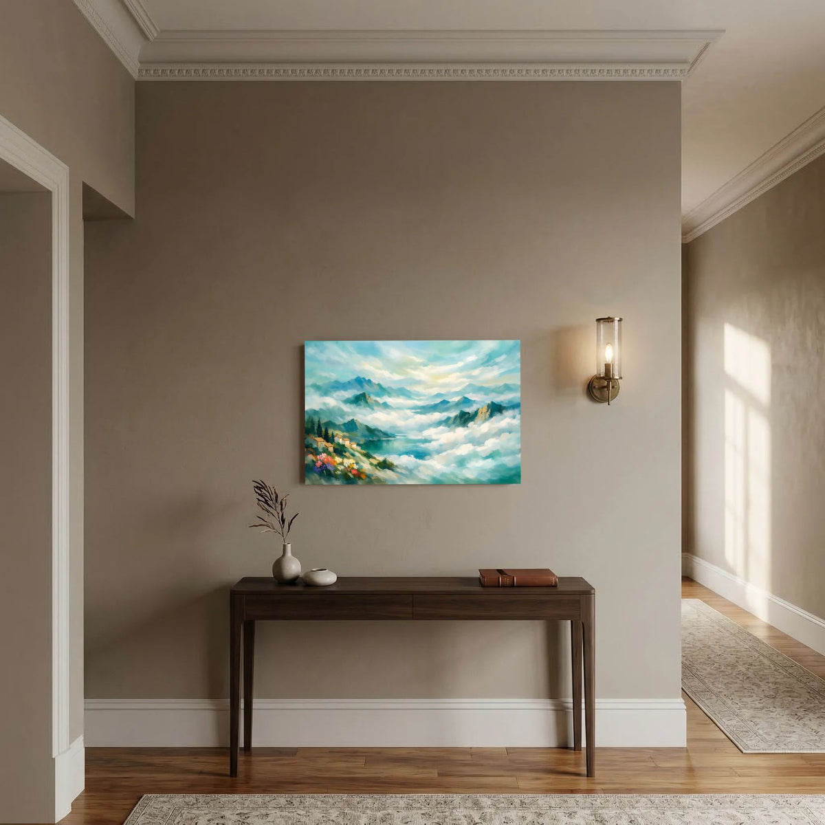 Wandbild im Querformat mit impressionistischer Berglandschaft im Nebel