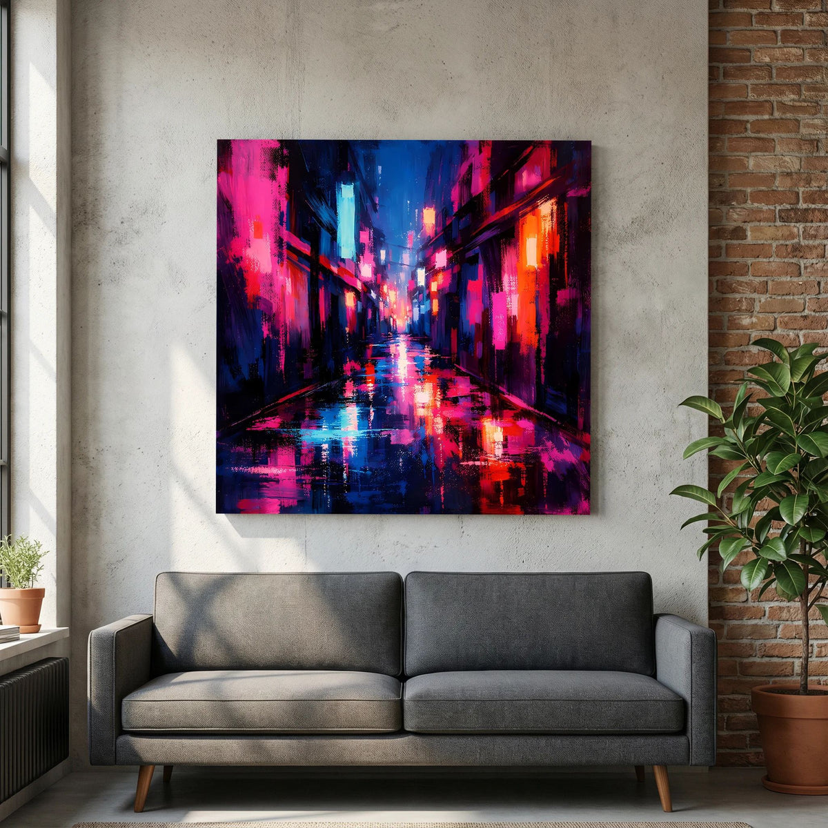 Neon-Wandbild an Backsteinwand: regennasse City-Gasse mit bunten Lichtern in Blau, Pink und Rot