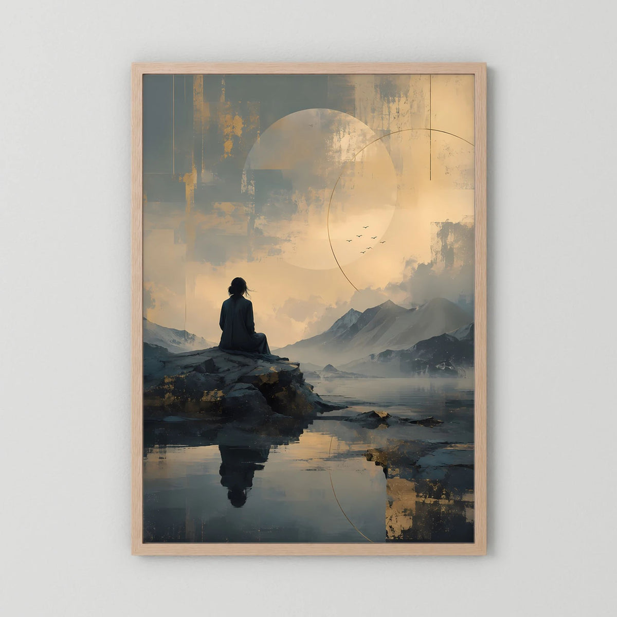 Poster im Hochformat mit hellem Holzrahmen; abstrakte Berglandschaft mit sitzender Figur.
