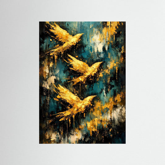 Vögel-Poster mit abstrakten goldenen Flugbahnen auf türkisfarbenem Hintergrund, hochformat