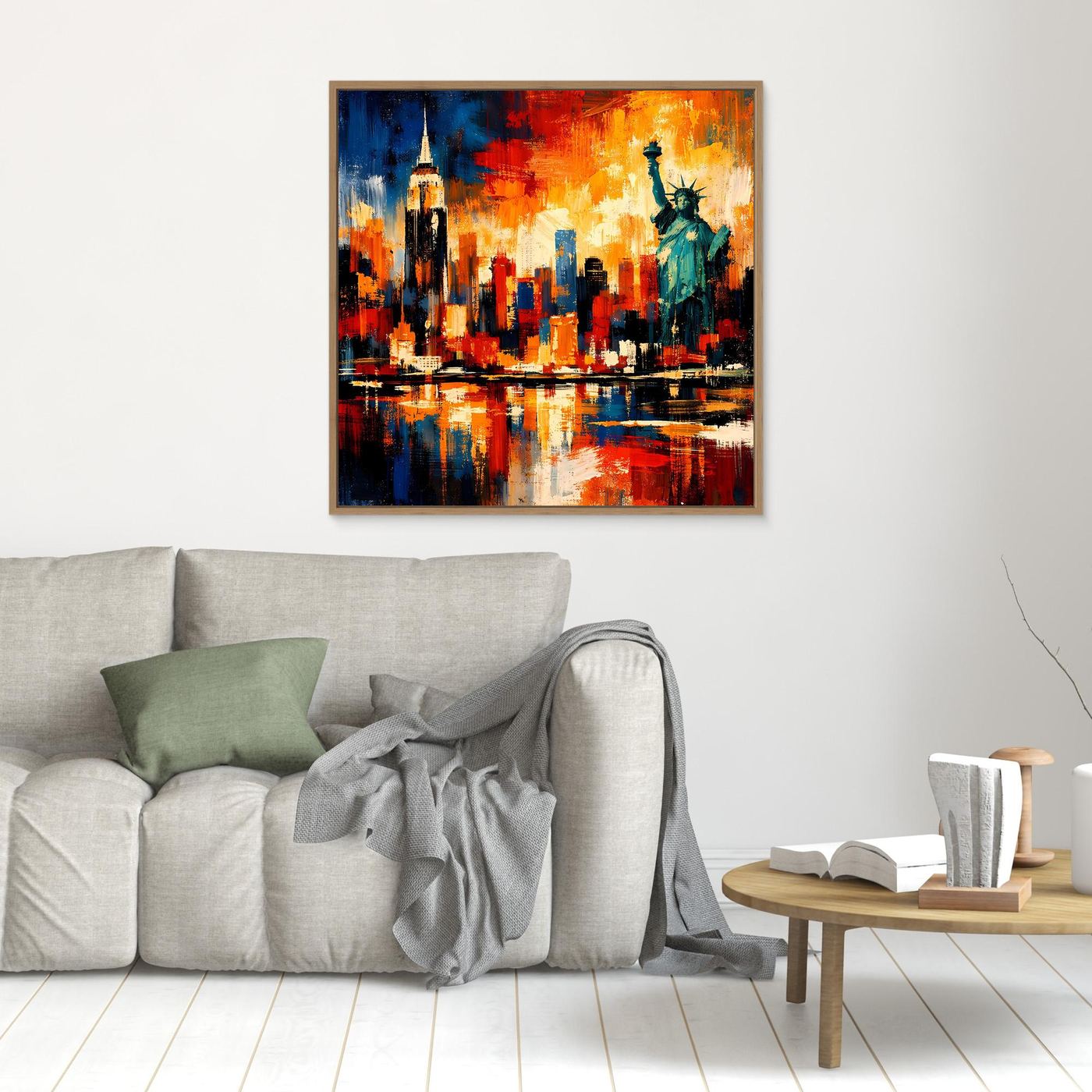 Leinwandbild mit abstrakter Skyline und Freiheitsstatue, goldbraun gerahmt