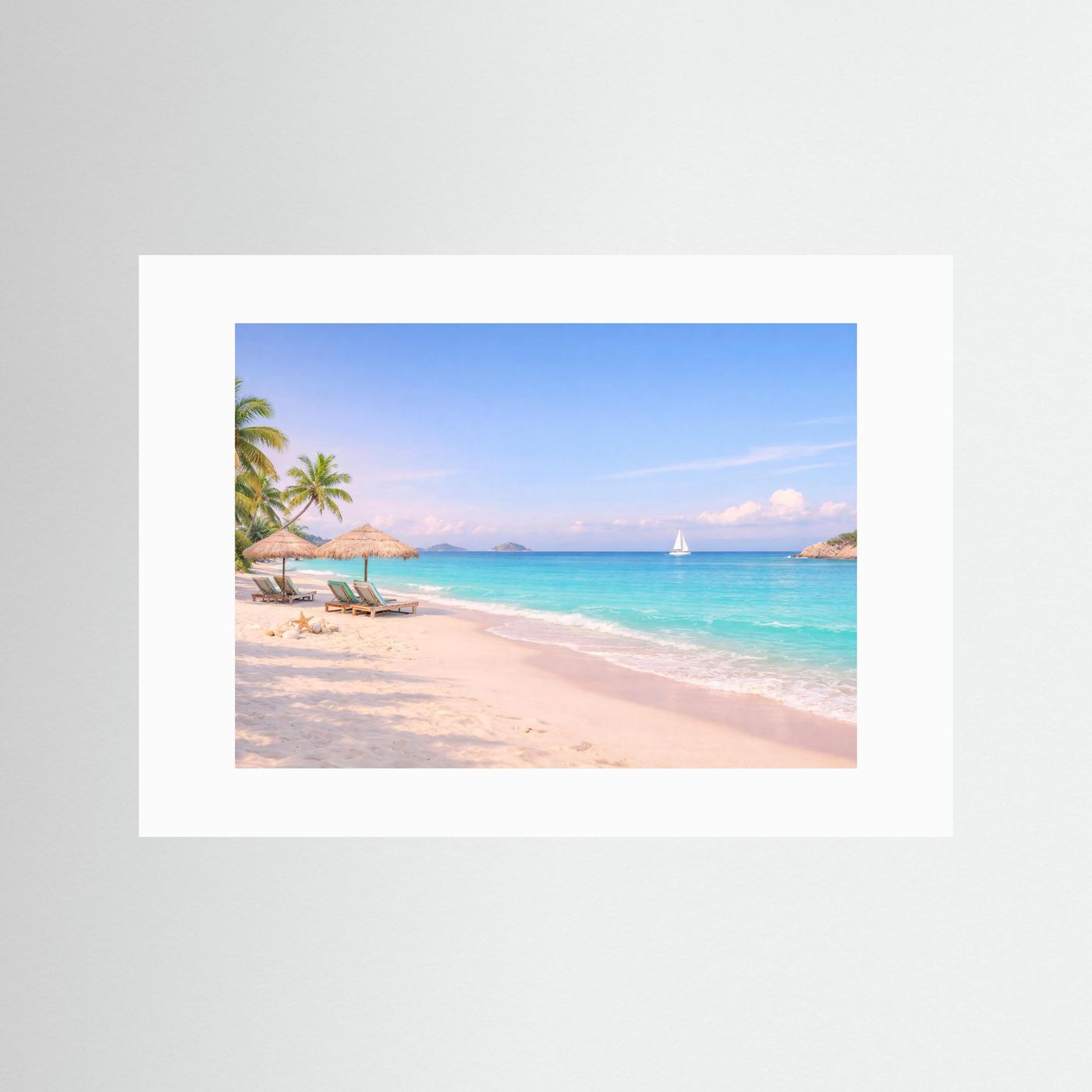 Strand-Panorama-Poster mit weißem Rand, Palmen, türkisfarbenes Meer und Segelboot