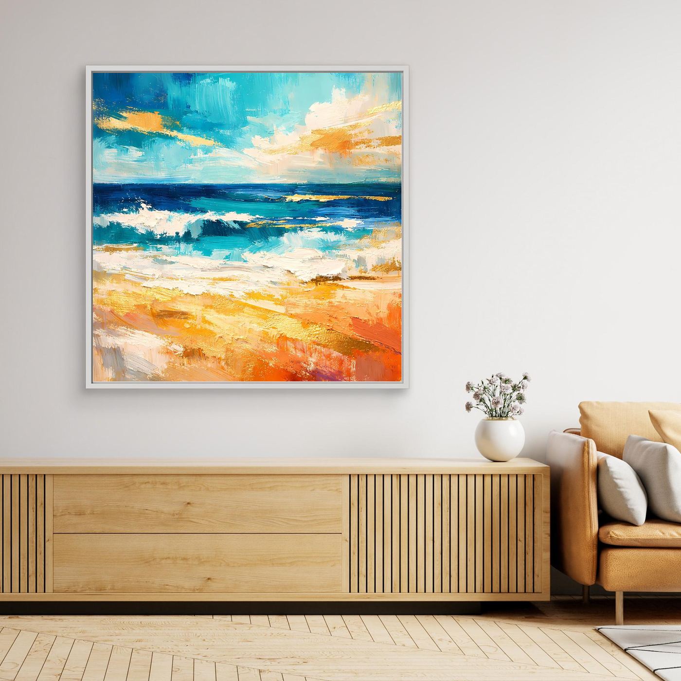 Abstraktes Meer-Leinwandbild mit Strandfarben, blau und orange, silberner Rahmen