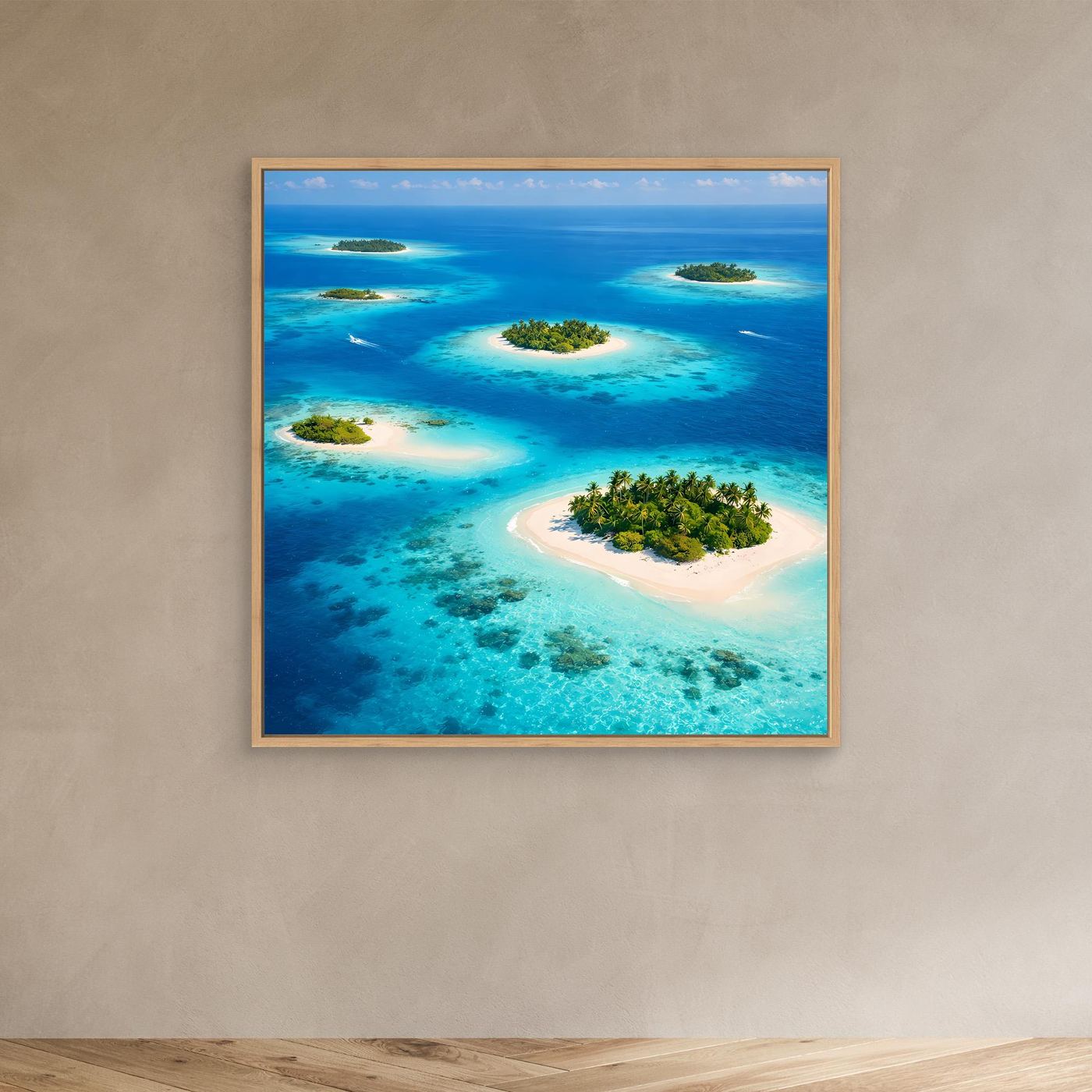 Leinwandbild mit Luftaufnahme tropischer Inseln, türkisfarbenes Wasser und Sandstränden im Eichenrahmen.
