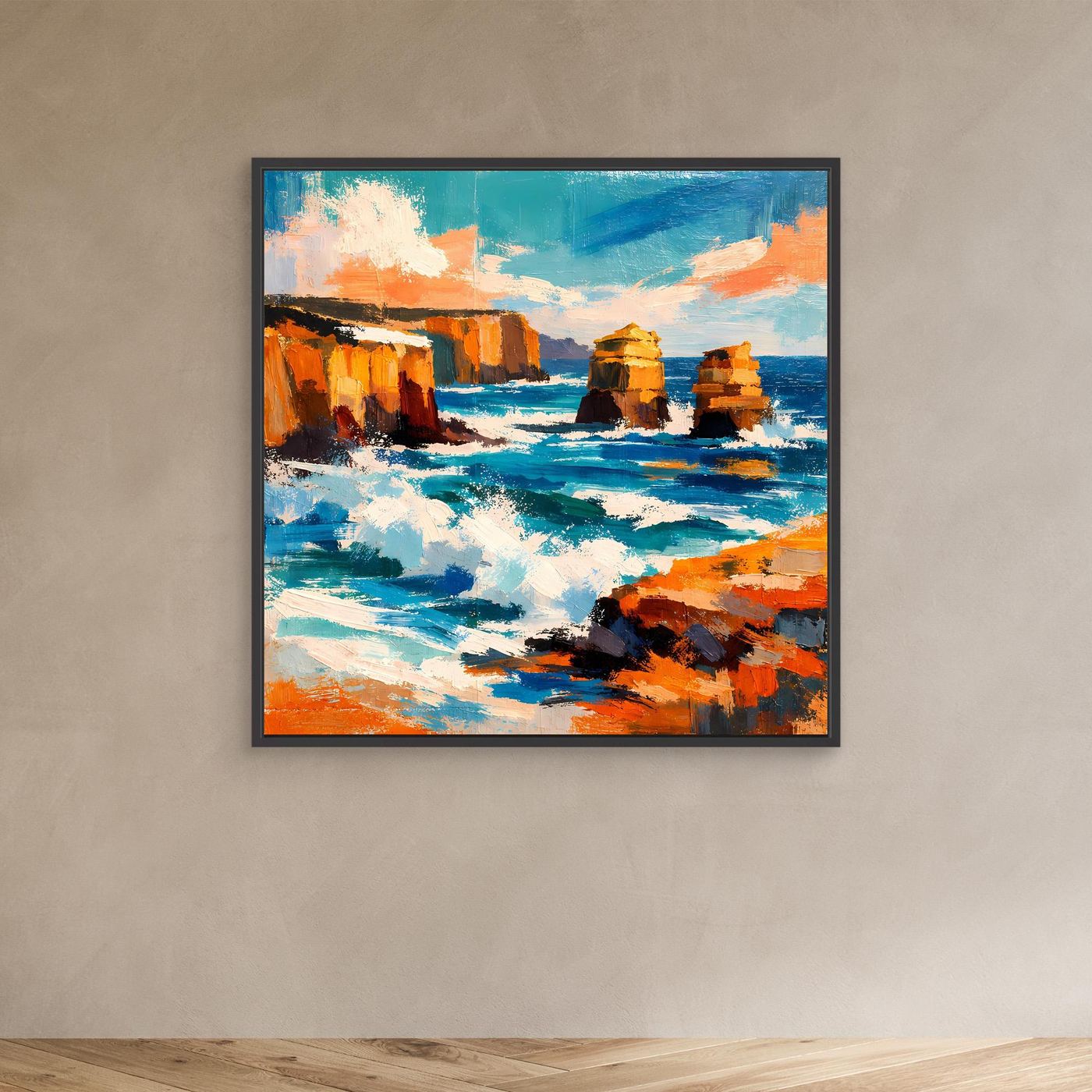 Abstraktes Küsten-Leinwandbild mit schwarzem Rahmen, türkisblaues Wasser und orangefarbenes Ufer