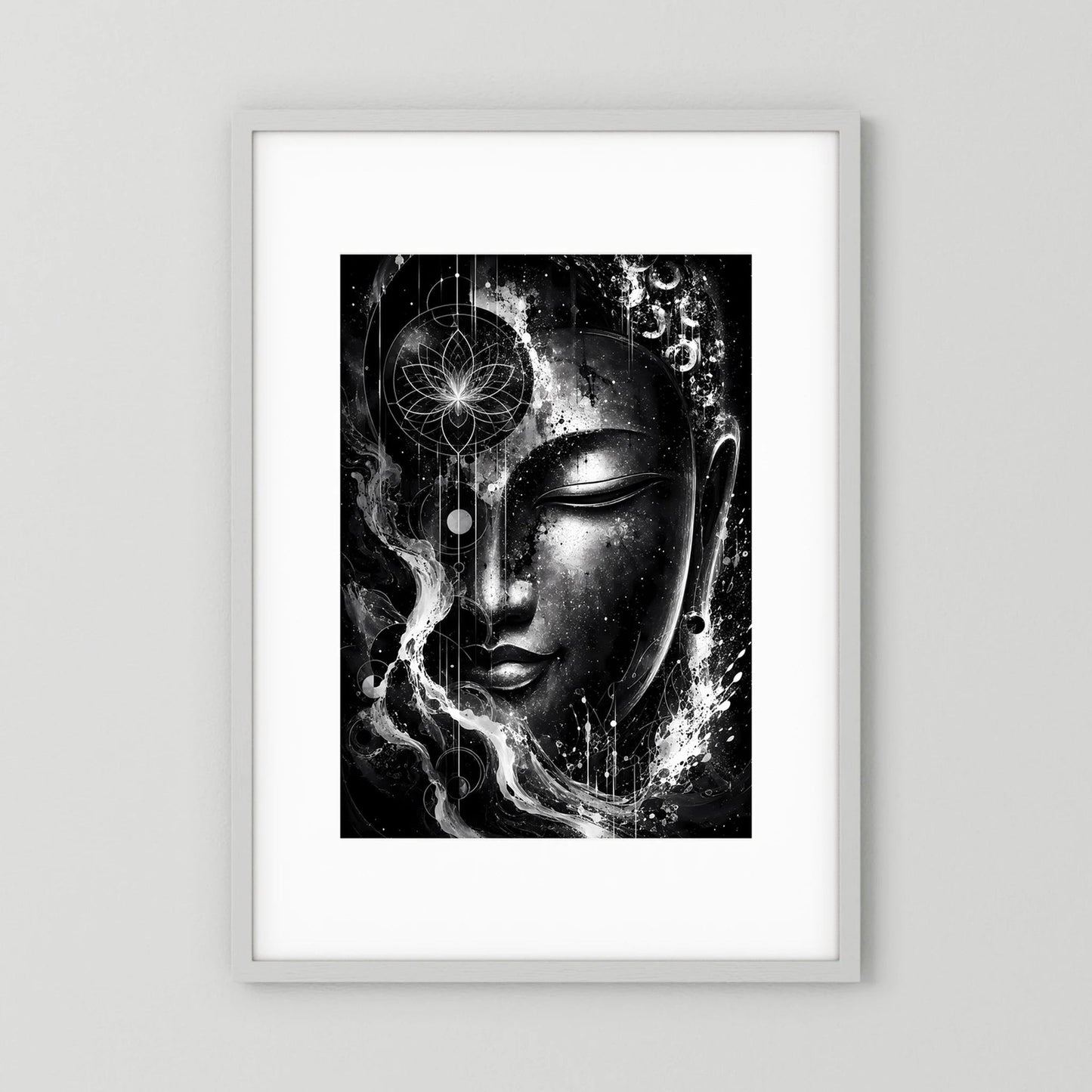 Hochformatiges Poster mit abstraktem Buddha-Gesicht in Schwarzweiß im weißen Rahmen