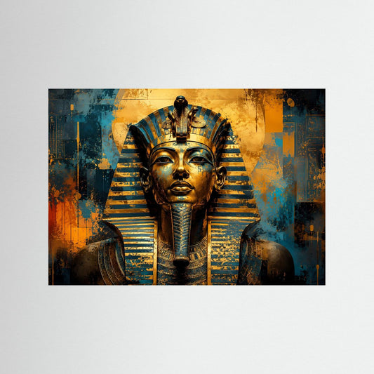 Wandbild mit Pharao-Porträt: goldene und blaue Kopfbedeckung, schwarzer Rahmen, rechteckig