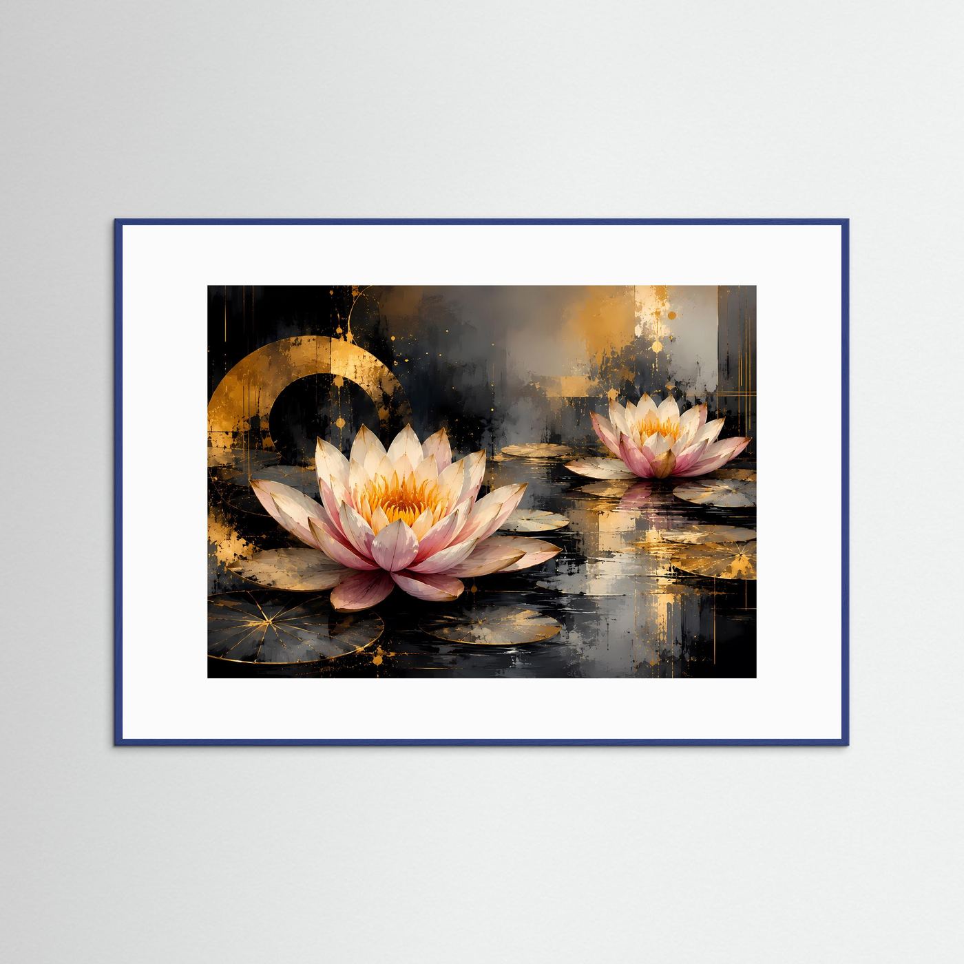 Blumenposter mit Lotusblüten in Rosa und Gold, querformatig im blauen Rahmen