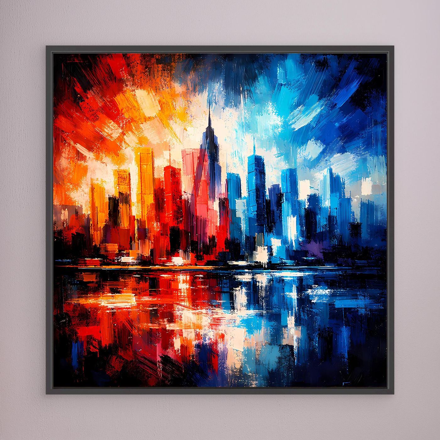 Leinwandbild mit abstrakter Skyline, rotes und blaues Stadtbild im schwarzen Rahmen
