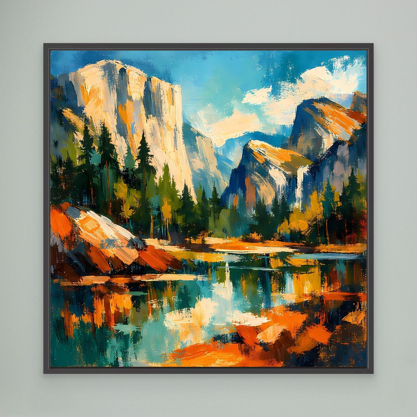 Wandbild auf Leinwand mit abstrakter Berglandschaft und Fluss, schwarzer Rahmen