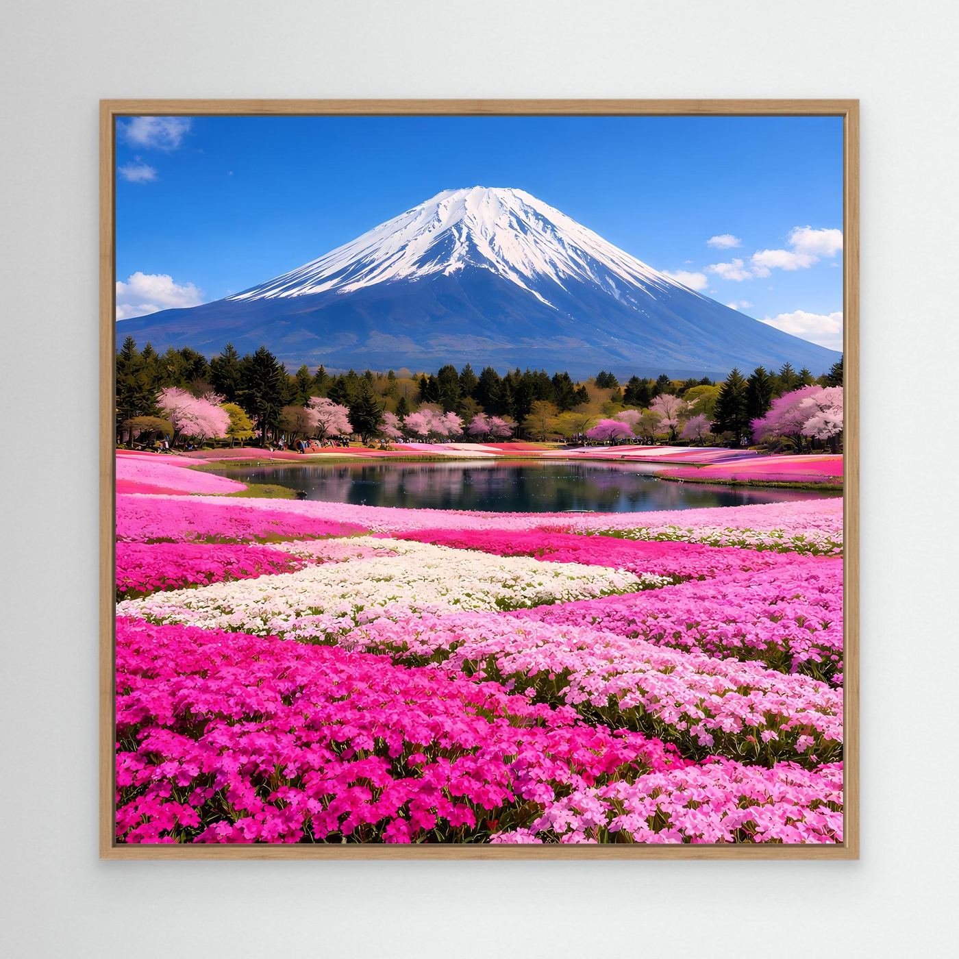 Leinwandbild mit Fuji, See und Kirschblüten, goldbrauner Rahmen