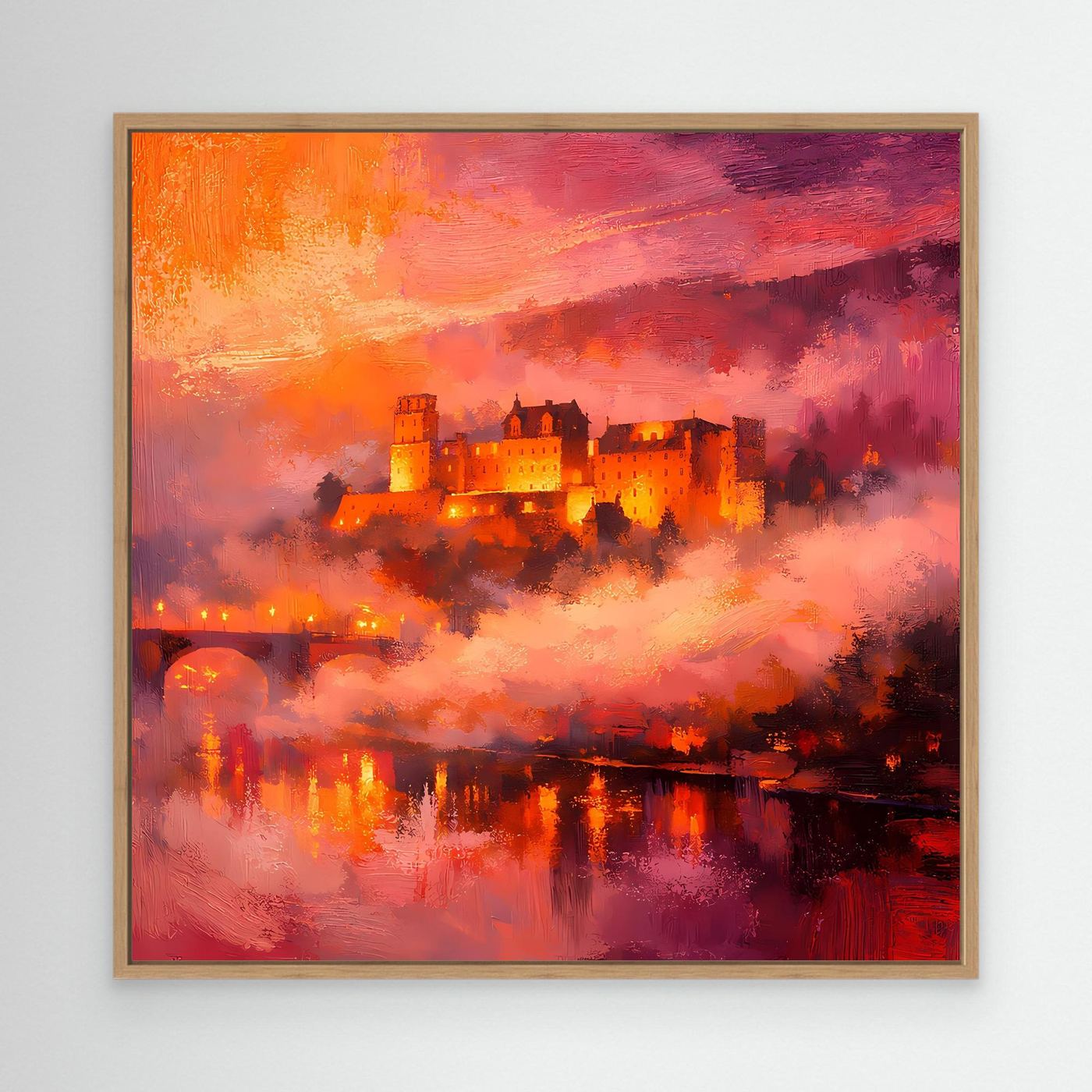 Premium Leinwand Imposantes Schloss im Abendrot | Abstraktes Castle Wandbild in feurigen Farben