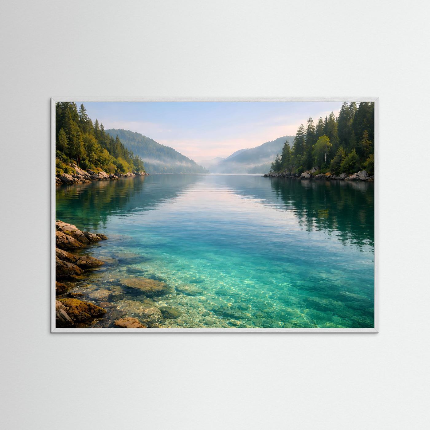 Kristallklarer Bergsee im Morgennebel | Natur & Landschafts-Poster Querformat
