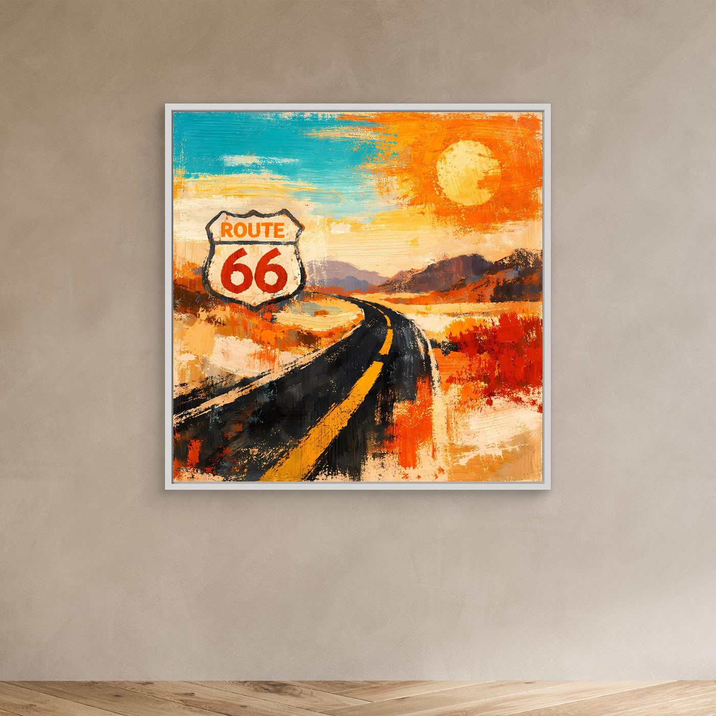 Wandbild mit abstrakter Route-66-Szene im weißen Rahmen: Schild „Route 66“, Straße, Sonne