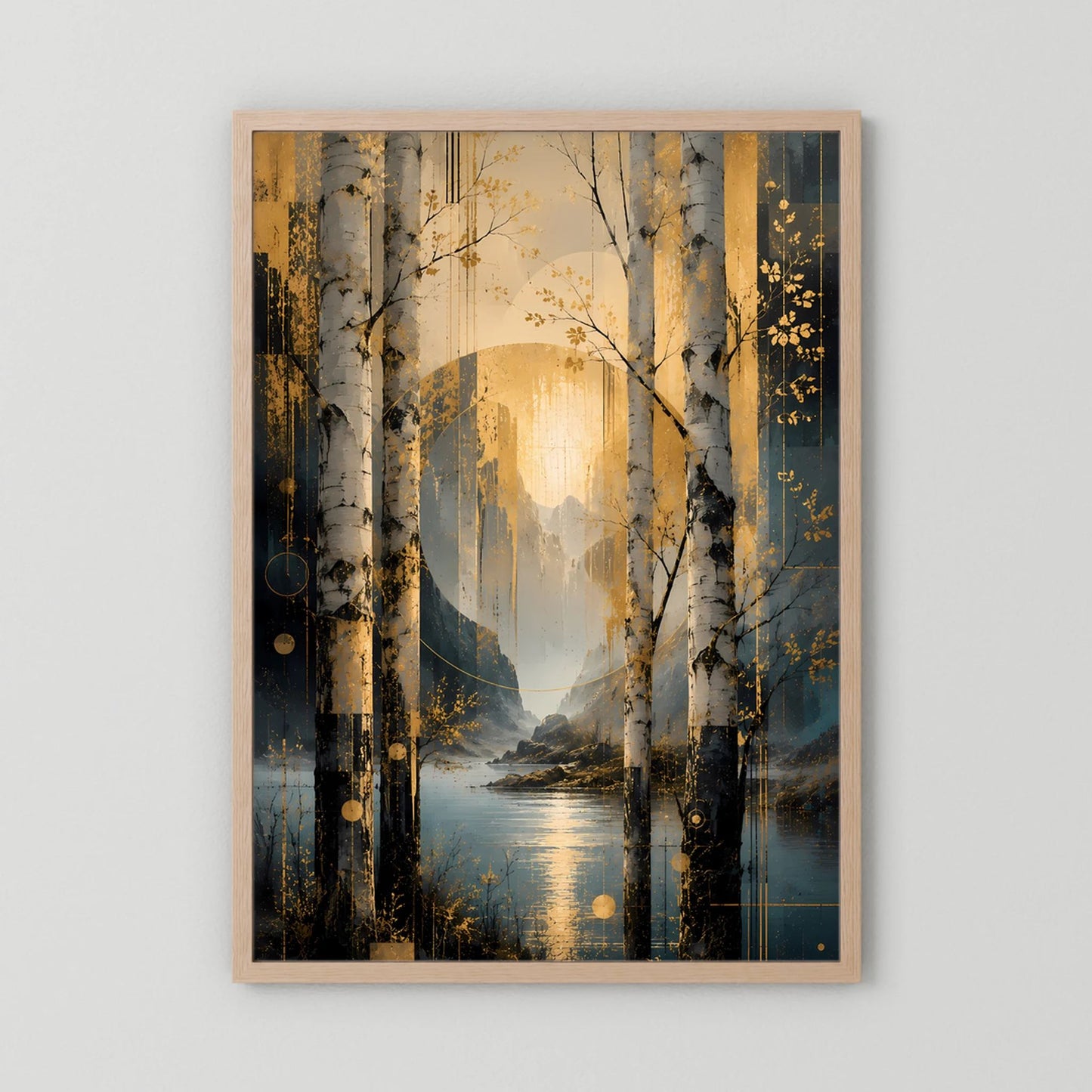Poster im Hochformat mit abstrakter Birkenlandschaft, goldene Sonne, petrolfarbene Reflexe