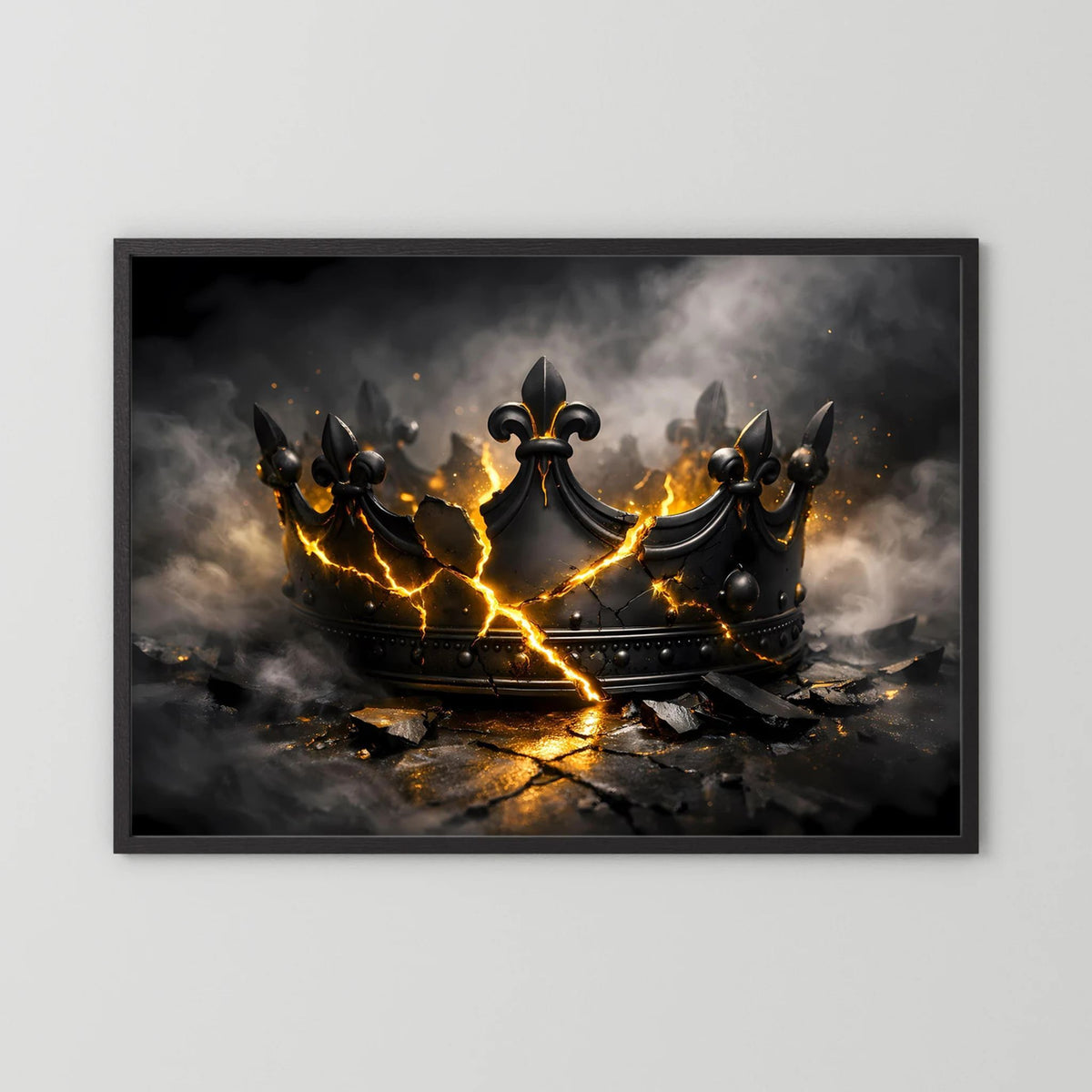Wandbild mit schwarzer zerbrochener Krone in Gold, schwarzer Holzrahmen, Querformat