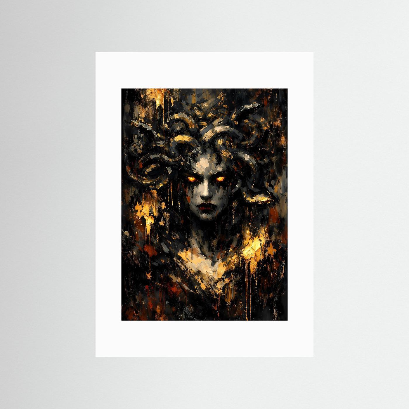 Mythologie-Poster mit Medusa-Porträt, abstrakter Stil, mit weißem Passepartout
