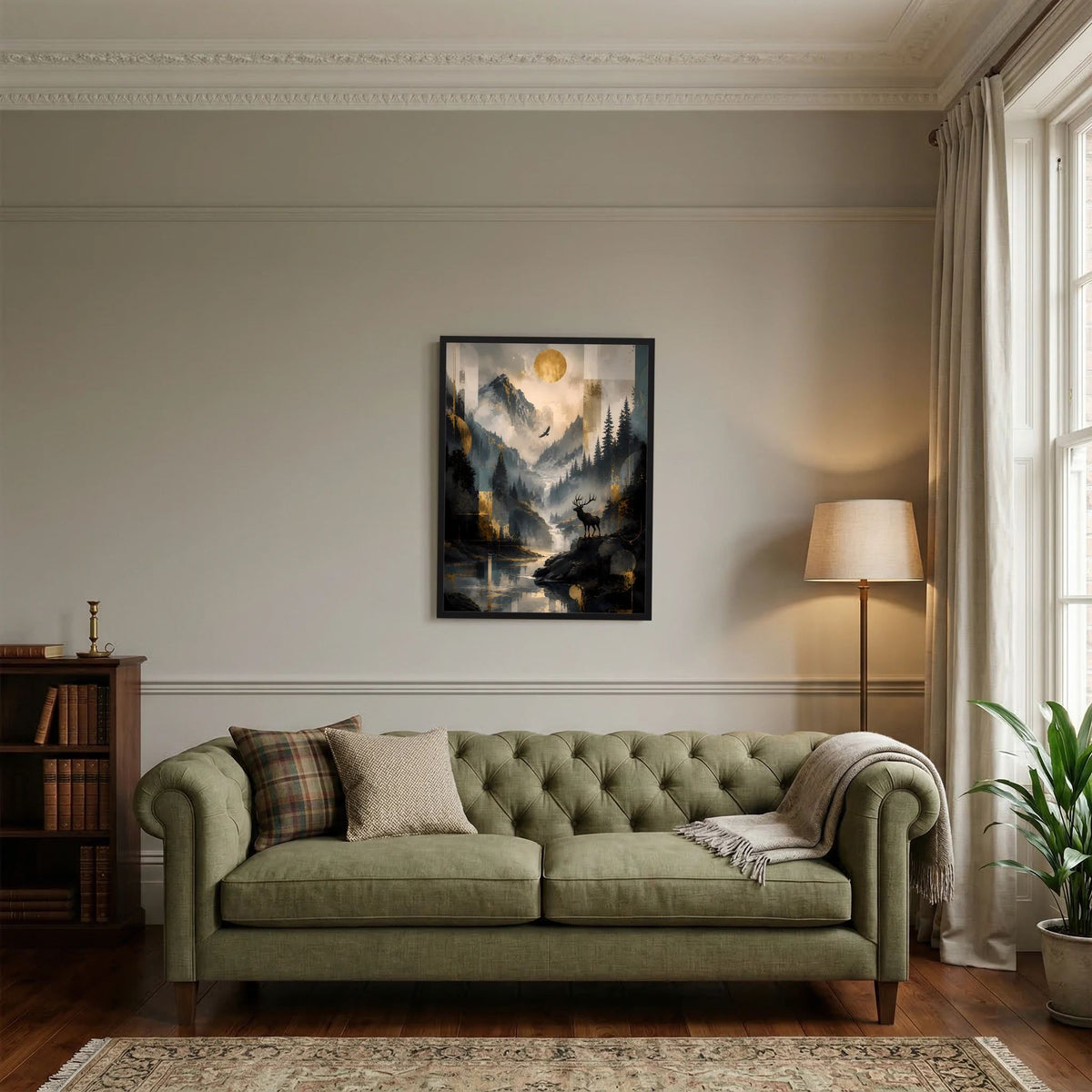 Poster mit Bergtal und Hirschmotiv, goldene Sonne, im schwarzen Rahmen
