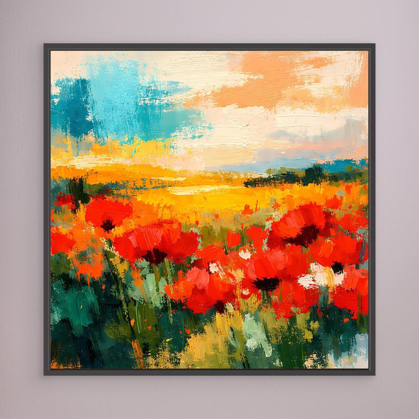 Abstract poppy field wall art with red blossoms and orange glow, black frame