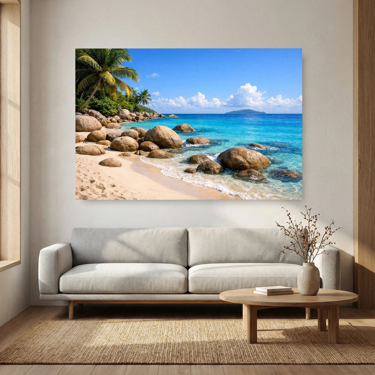 Poster im Querformat mit Tropenstrand, Granitfelsen und blauem Meer