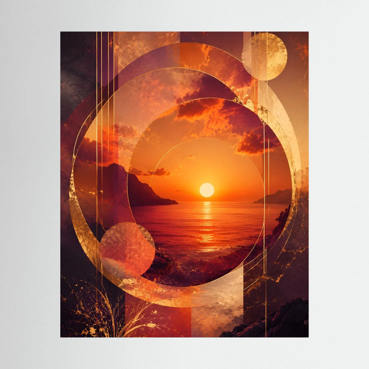 Abstraktes Sonnenuntergangs-Poster: goldene und orange Kreise über Küstenmeer