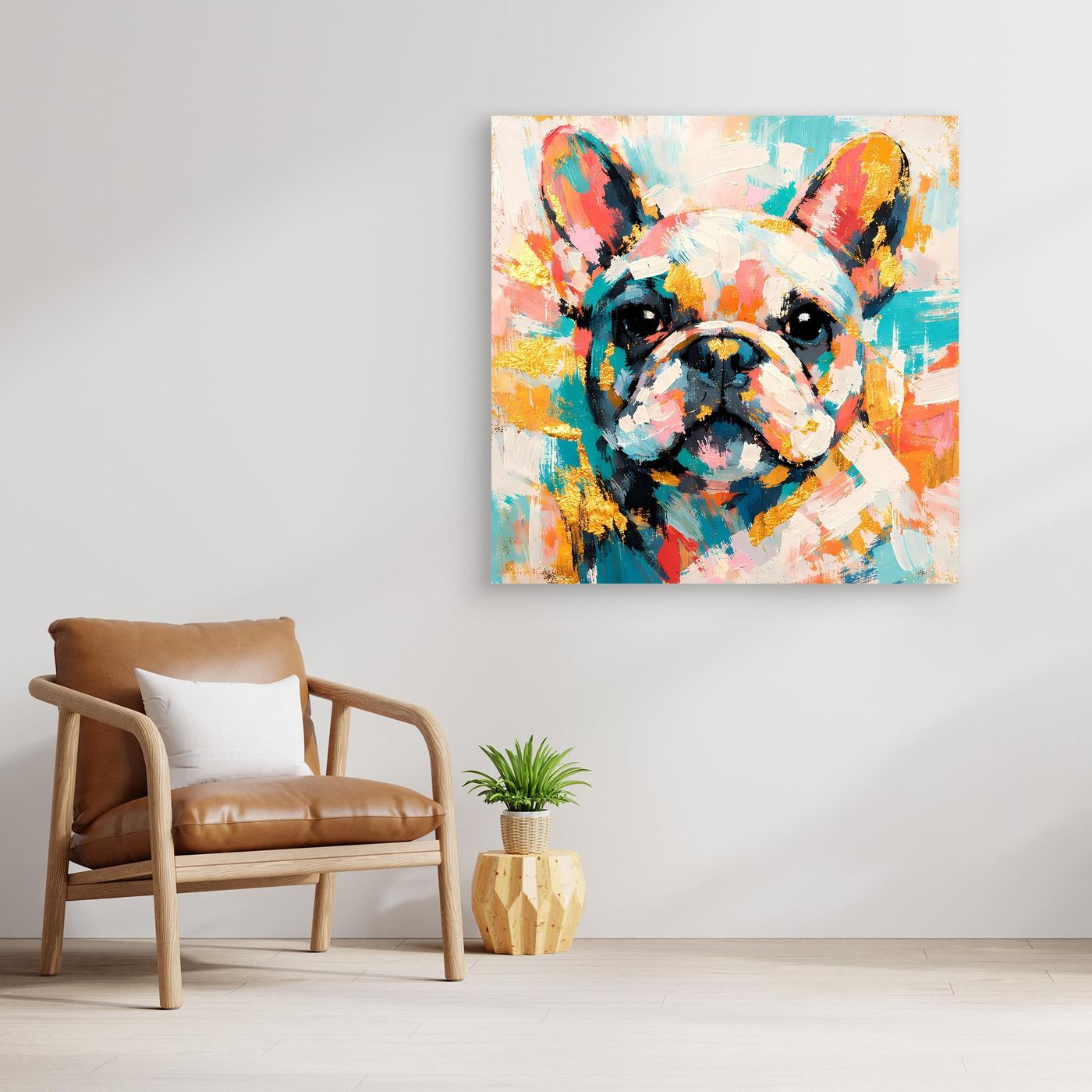 Leinwandbild Französische Bulldogge, abstraktes Farbporträt ohne Rahmen