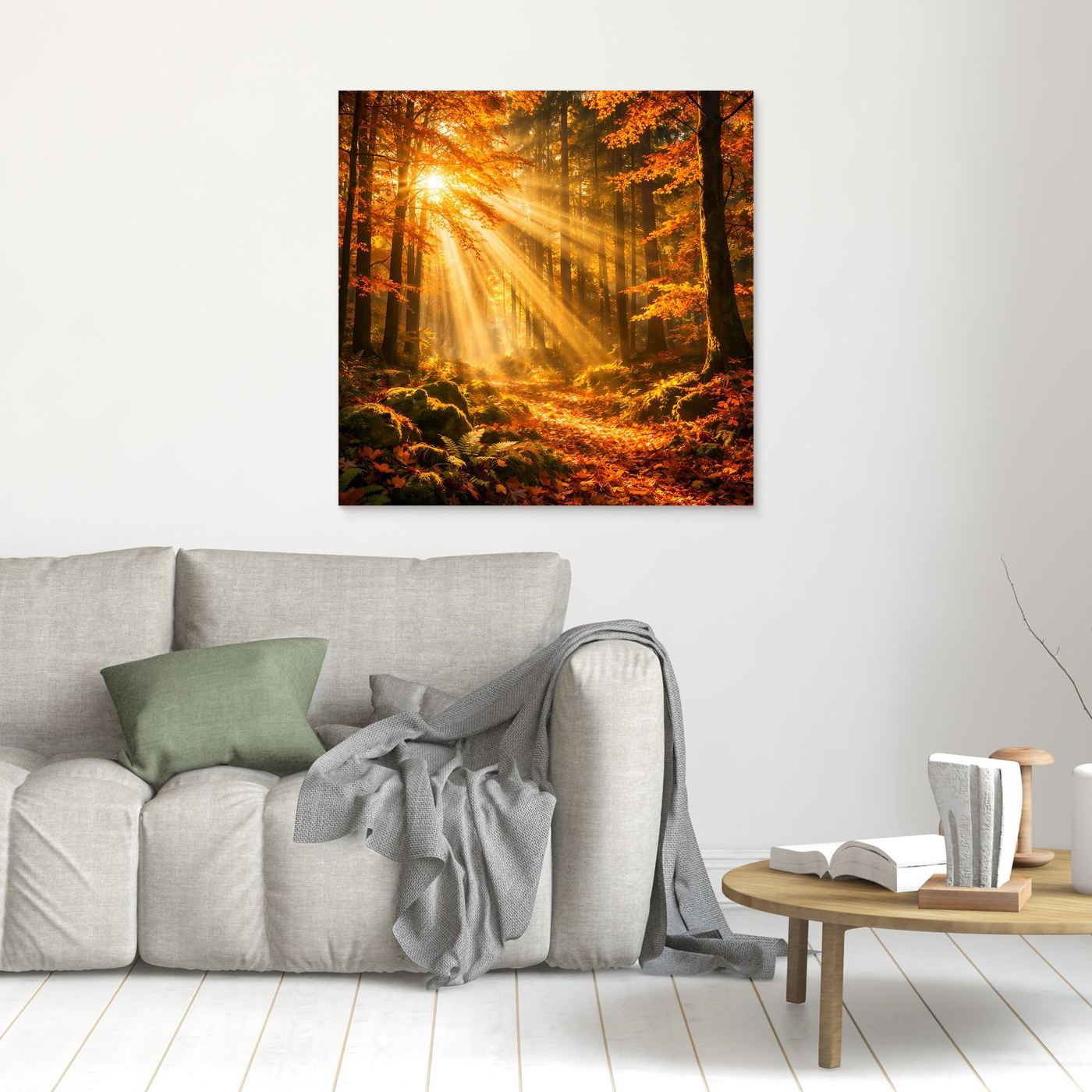 Gerahmtes Leinwandbild Herbstwald mit Sonnenstrahlen, orange-grünes Laub und Waldpfad