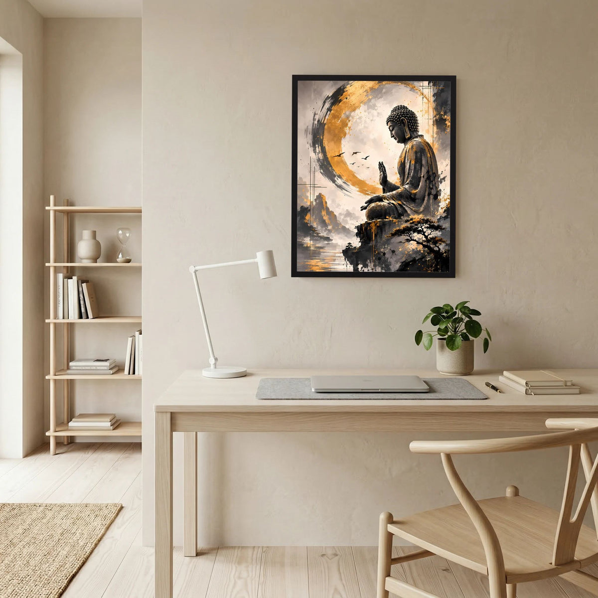 Gerahmtes Poster mit sitzendem Buddha und goldenen Akzenten im Kreis, Schwarz-Gold