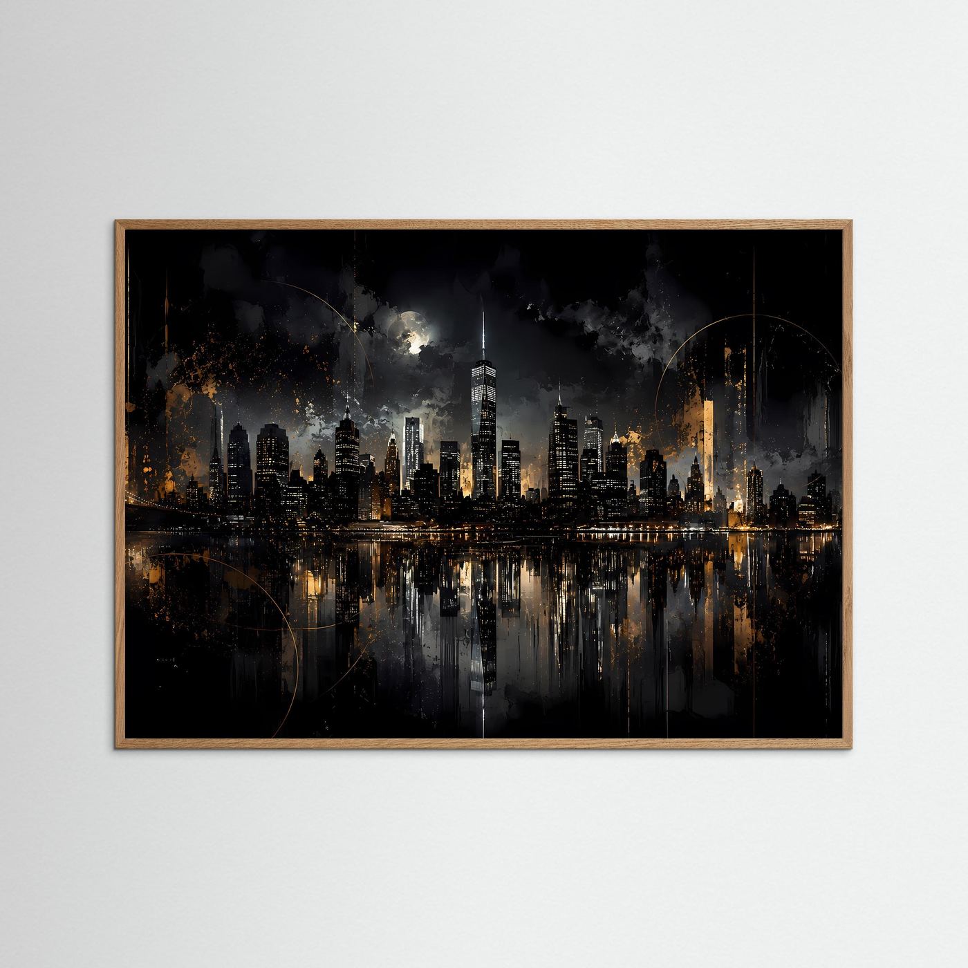 New York Skyline bei Nacht in Schwarz & Gold | Abstrakte City Wandkunst