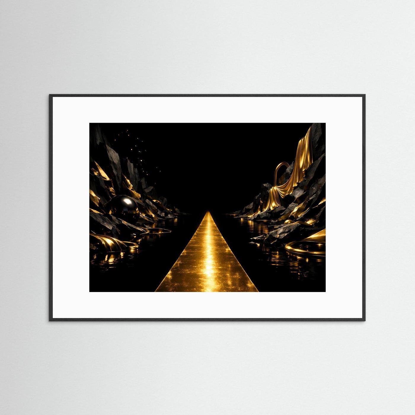 Goldener Pfad in Mystischer Felslandschaft | Luxus Kunst & Elegante Wanddeko Querformat
