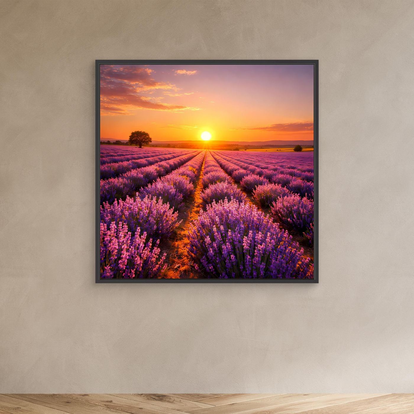 Leinwandbild mit Lavendelfeld und Sonnenuntergang, schwarz gerahmt