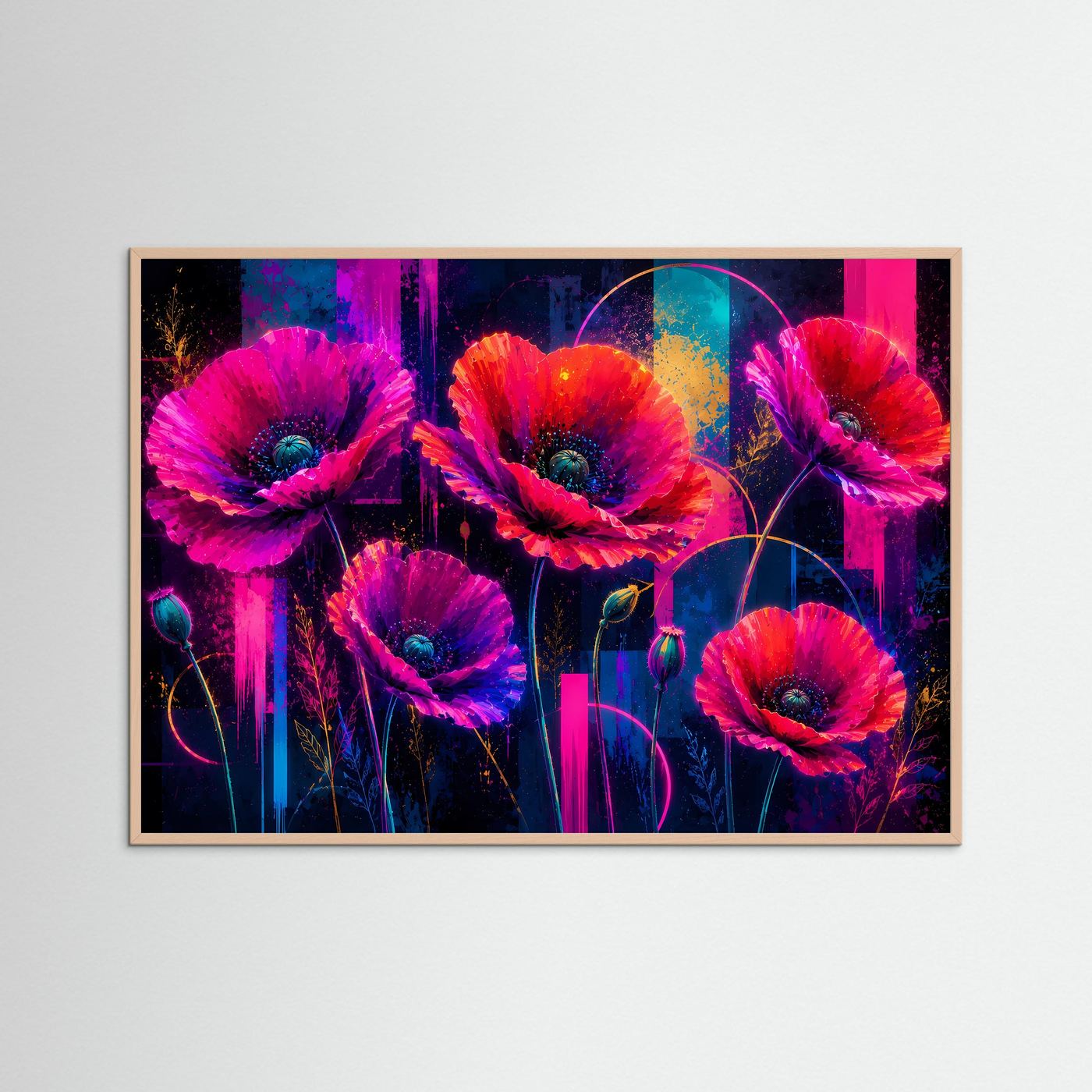Leuchtende Mohnblumen in Neonfarben | Abstrakte Blumen Kunst & Wandbild