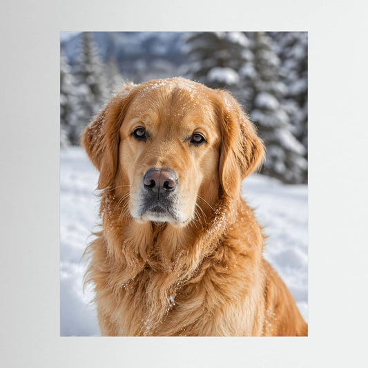 Hochformatiges Poster mit goldenem Retriever im Schnee