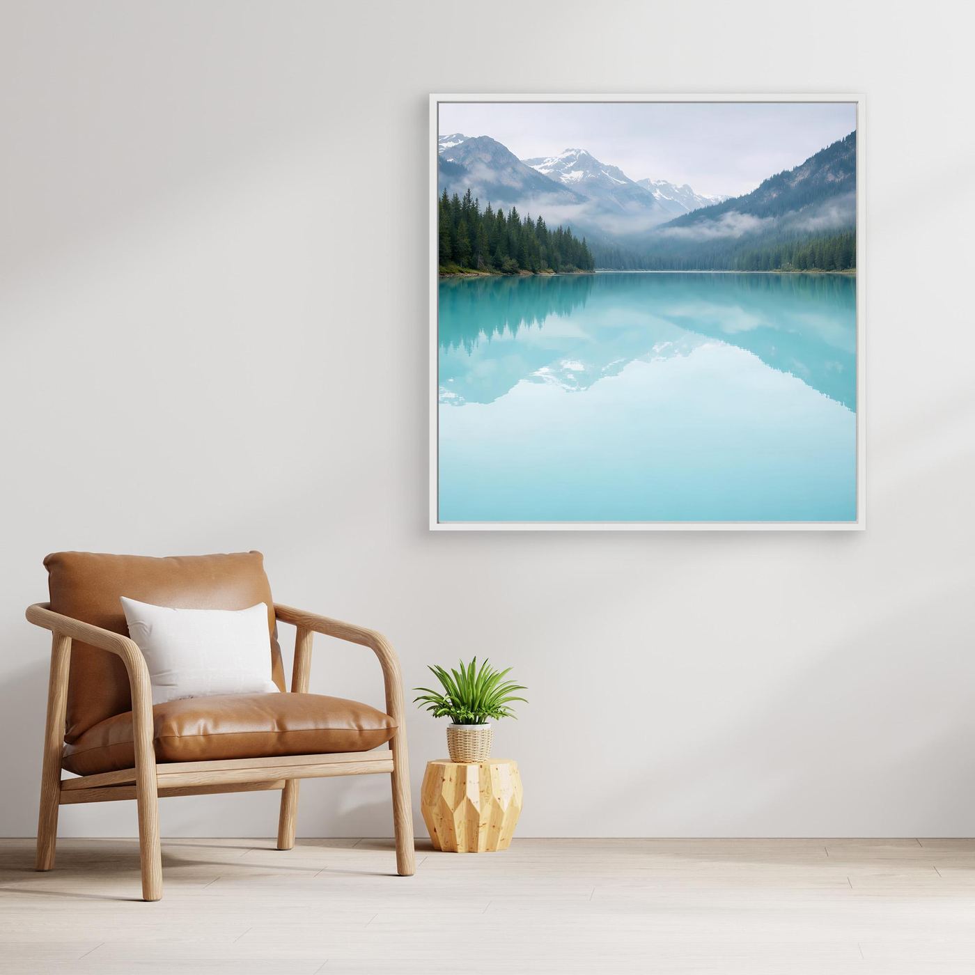 Leinwandbild mit türkisfarbenem Bergsee und Spiegelung im weißen Rahmen.