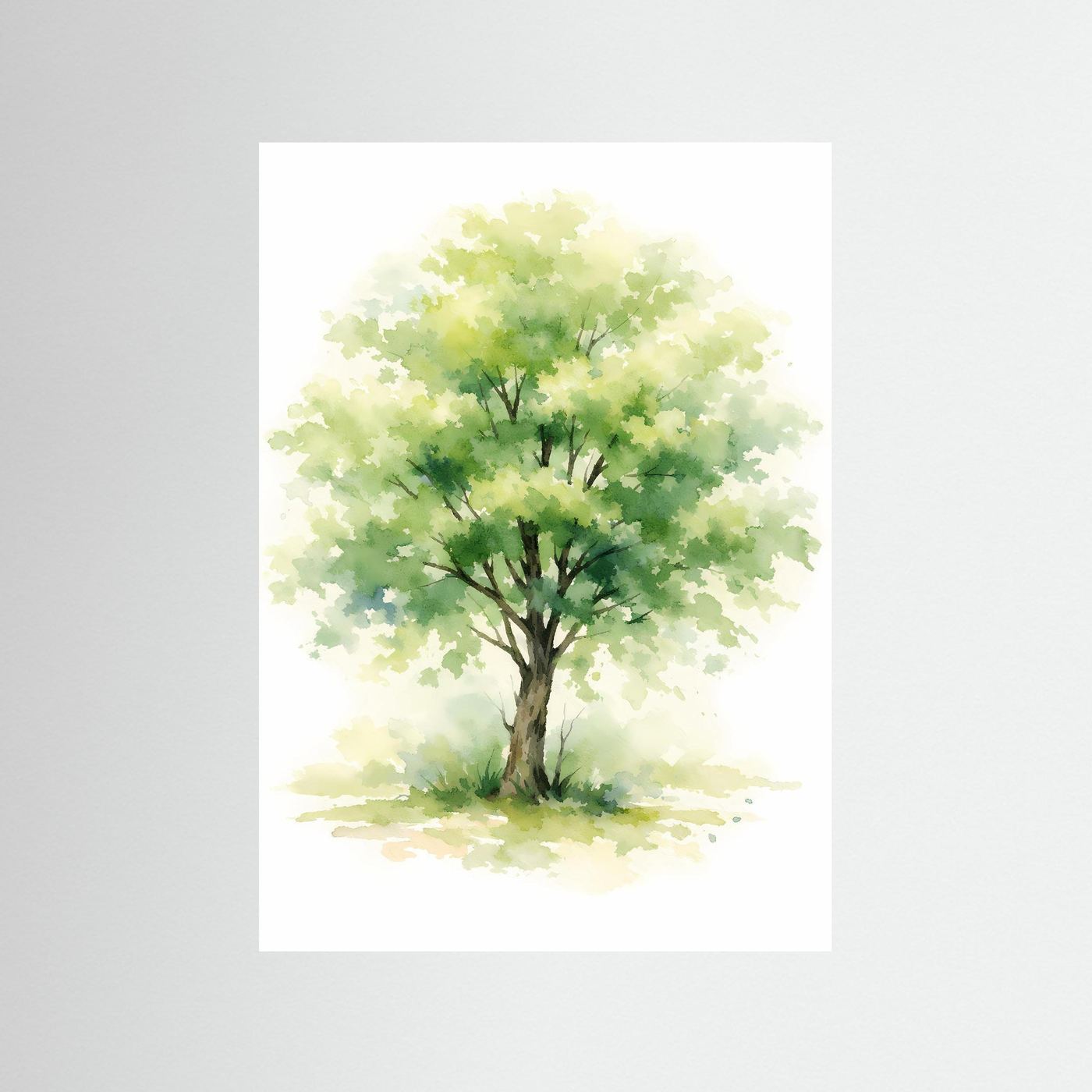 Aquarell-Baum-Poster im Hochformat mit grünem Laub und hellem Stamm