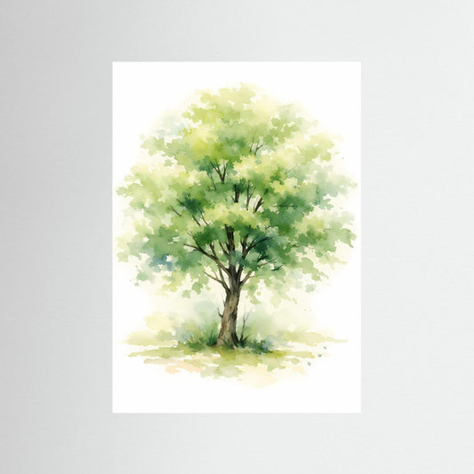 Aquarell-Baum-Poster im Hochformat mit grünem Laub und hellem Stamm