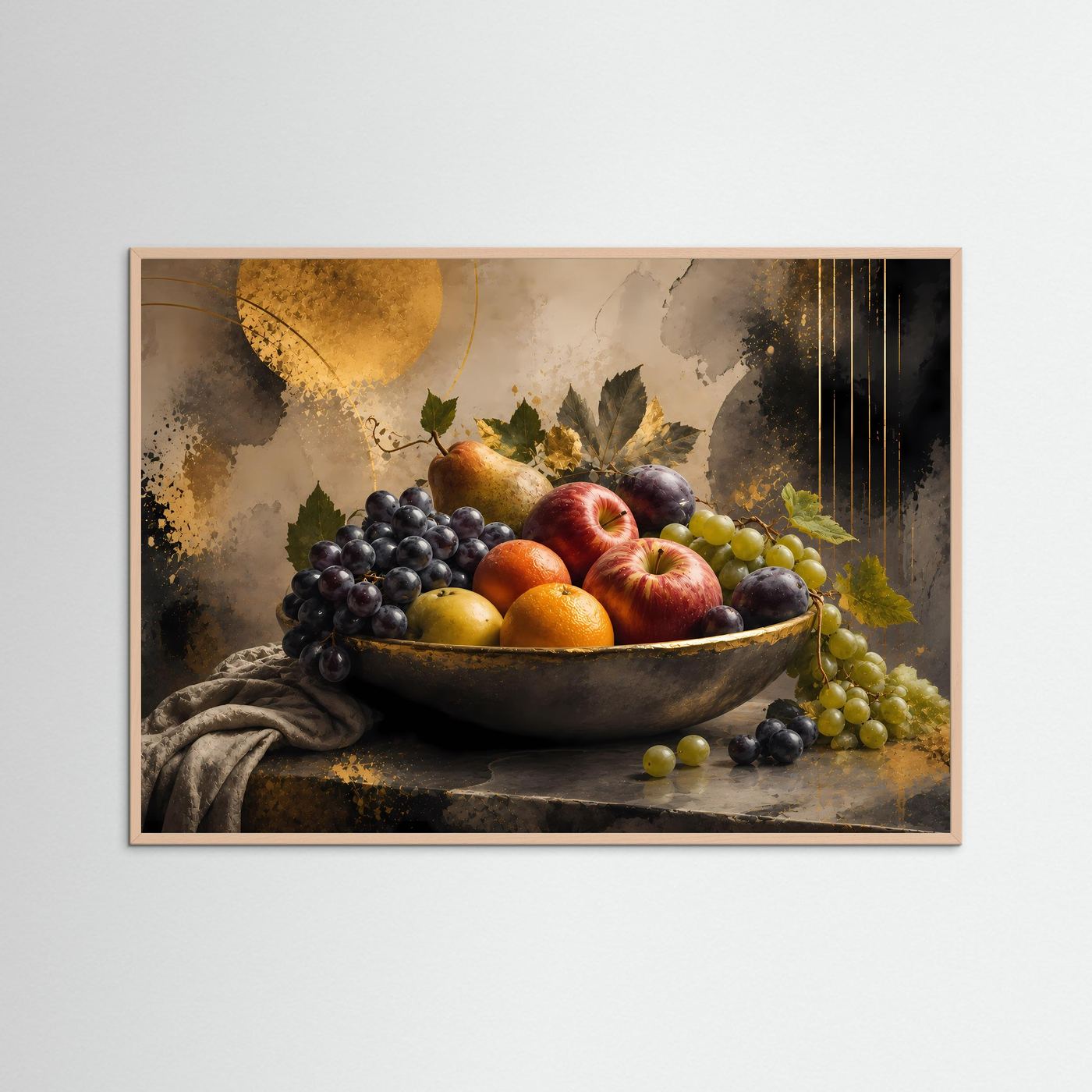 Querformat-Poster: Obstschale mit Trauben, Äpfeln, Orangen und Birne im rosafarbenen Rahmen