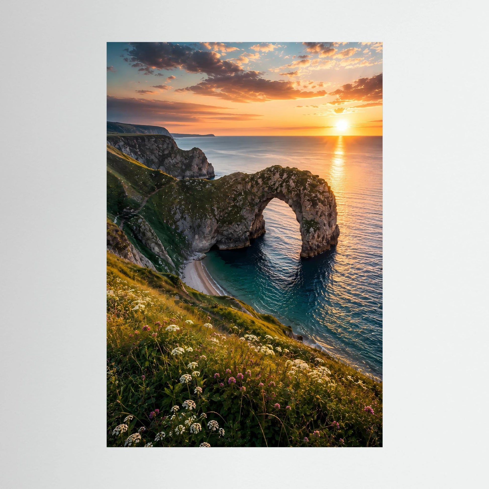 Poster im Hochformat: Küstenfelsen mit Meerbogen und Sonnenuntergang