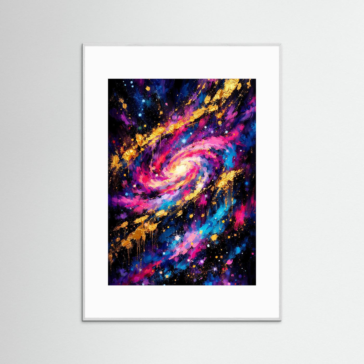 Gerahmtes Galaxie-Poster mit Sternenwirbel in Lila, Blau und Pink, weißes Rahmenprofil