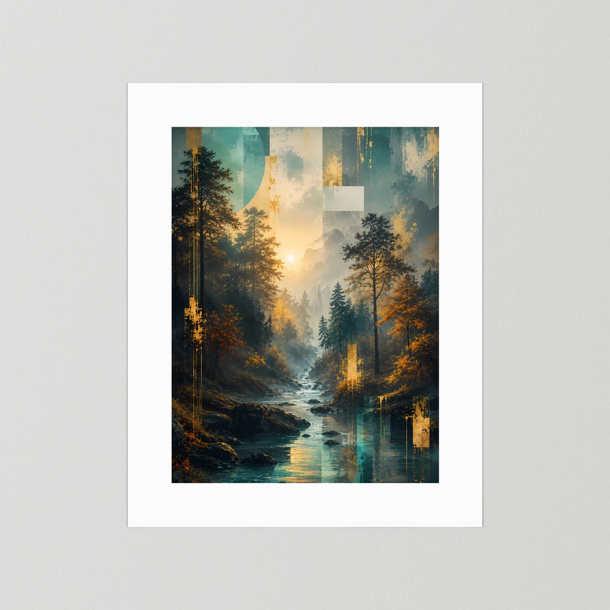 Poster im weißen Passepartout mit Wald- und Flussmotiv, Hochformat