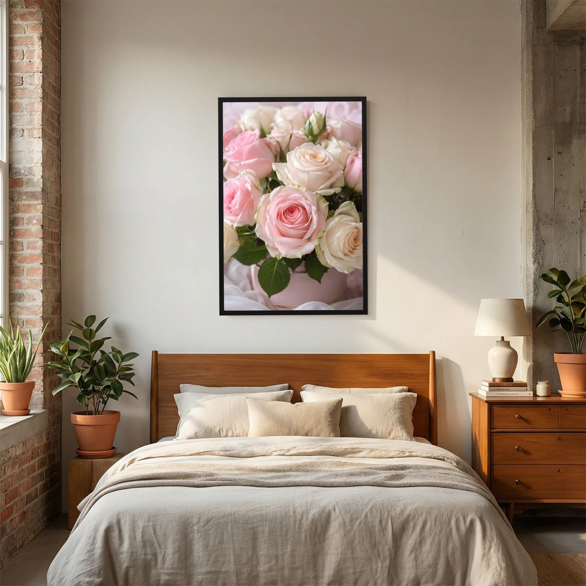 Rosen-Wandposter im Rahmen an der Wand, rosa und weiße Rosenbouquet.