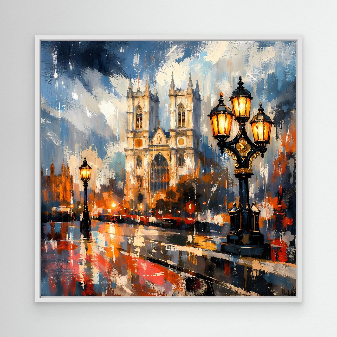 Abstraktes Leinwand-Wandbild mit Kathedrale und Laternen im Regen, weißer Rahmen.