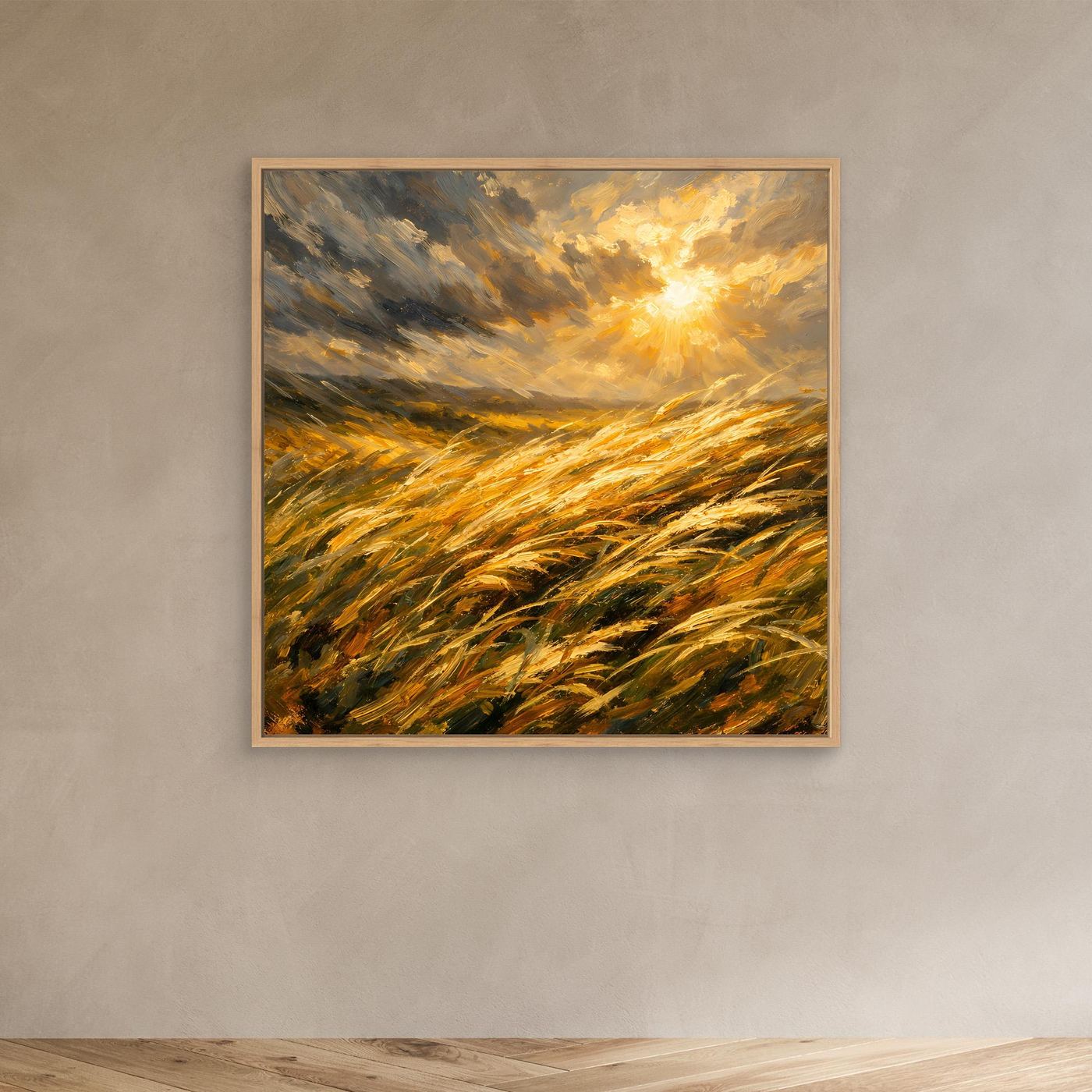 Leinwandbild goldenes Getreidefeld mit Sonnenstrahlen, Rahmen in hellem Holz