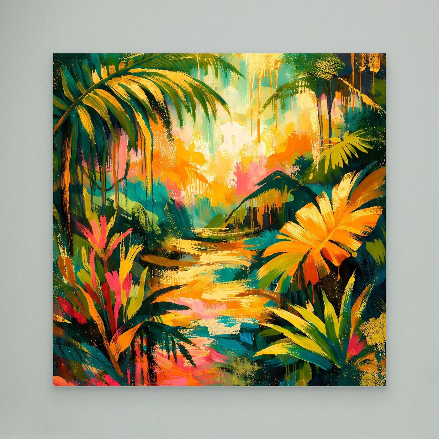 Leinwandbild mit abstraktem Dschungelmotiv: Palmen, Fluss und kräftige Farben, zentral