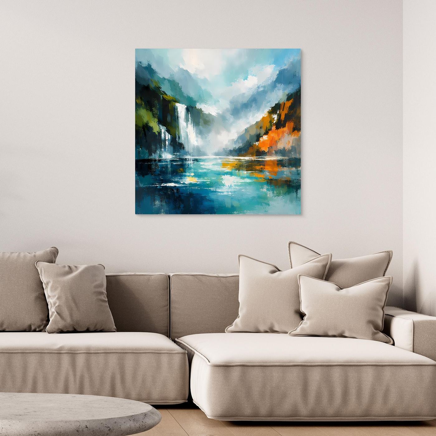 Abstraktes Leinwand-Wandbild mit Wasserfall im Fjord, ohne Rahmen, blau und grün