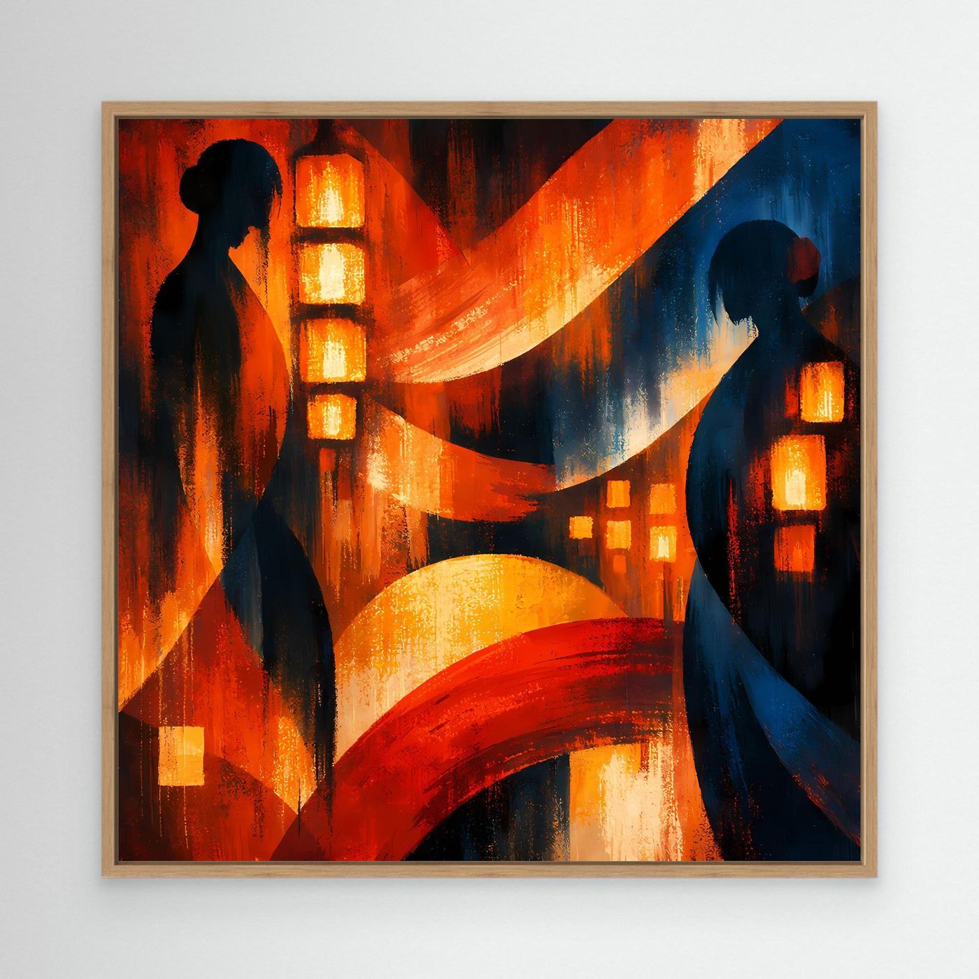 Japanisches Wandbild mit Holzrahmen (hell) und zwei Geisha-Silhouetten, Laternen im Rot-Blau-Motiv