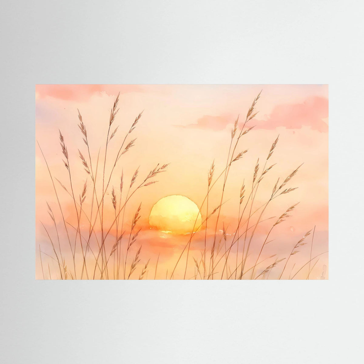 Querformatiges Wandbild mit Aquarell-Sonnenuntergang und goldener Sonne im hohen Gras