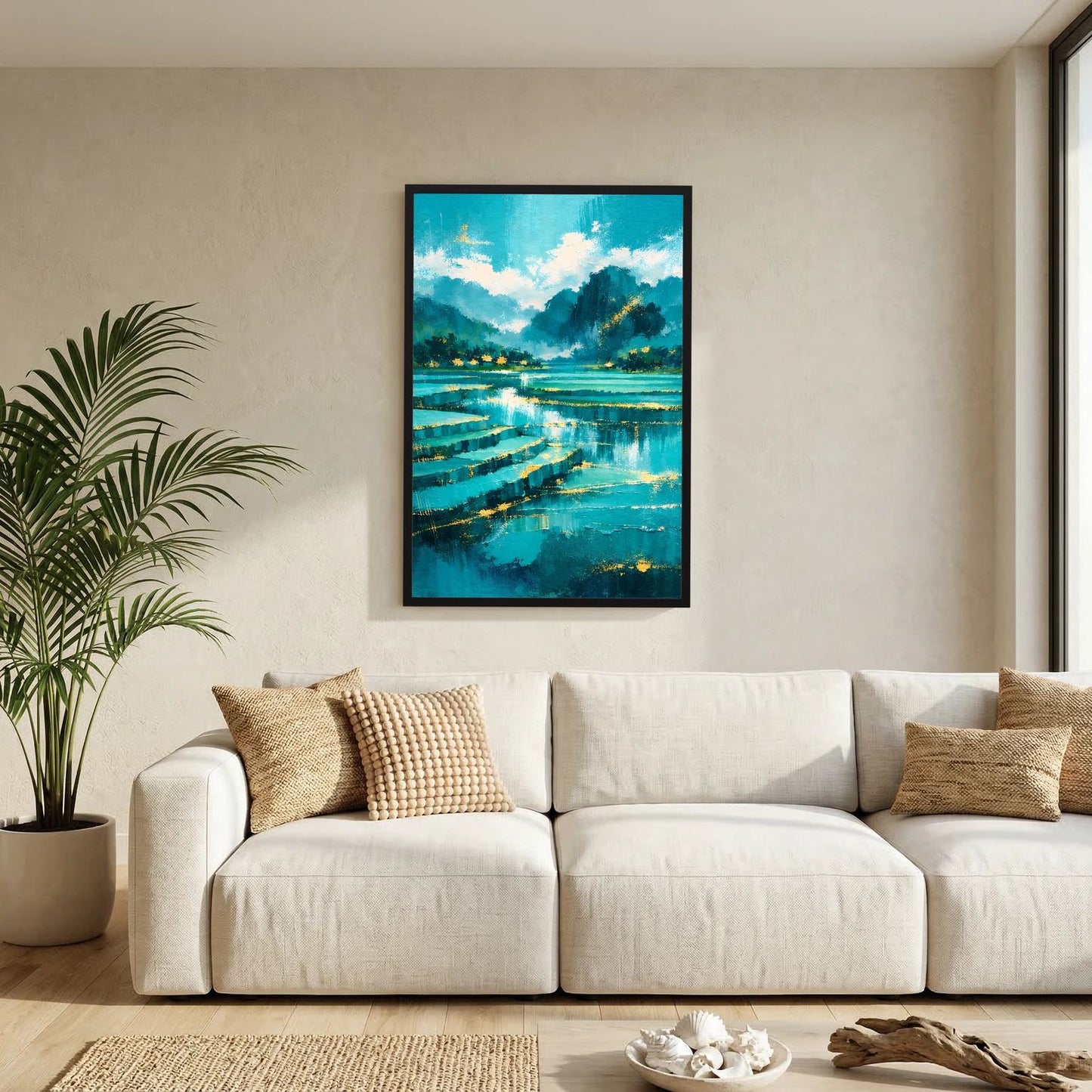 Wandposter im Hochformat: türkisblauer Fluss, Landschaft mit Bergen, in schwarzem Rahmen.