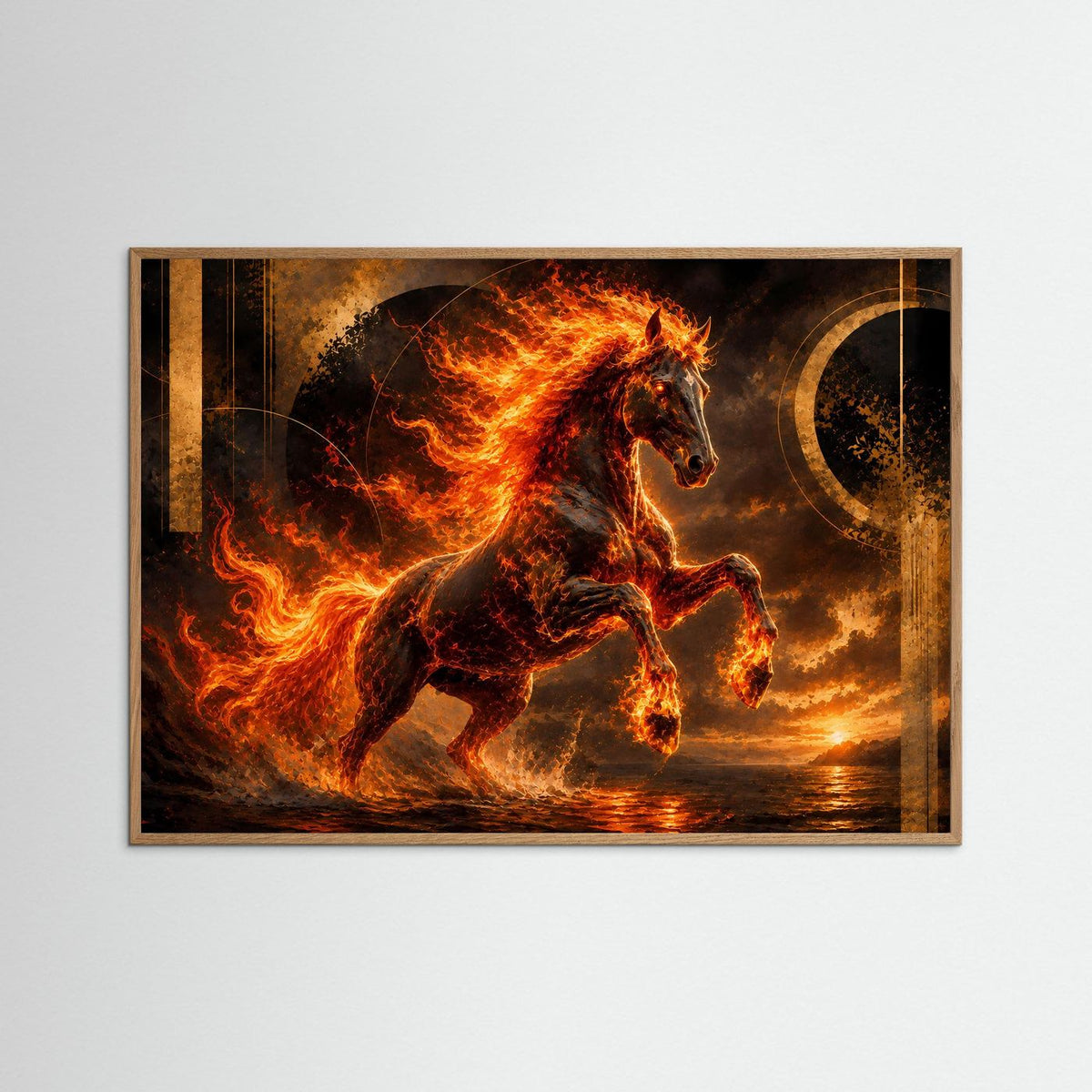 Gerahmtes Poster im Querformat: Pferd aus Feuer, Farbverlauf in Schwarz, Gold und Orange.